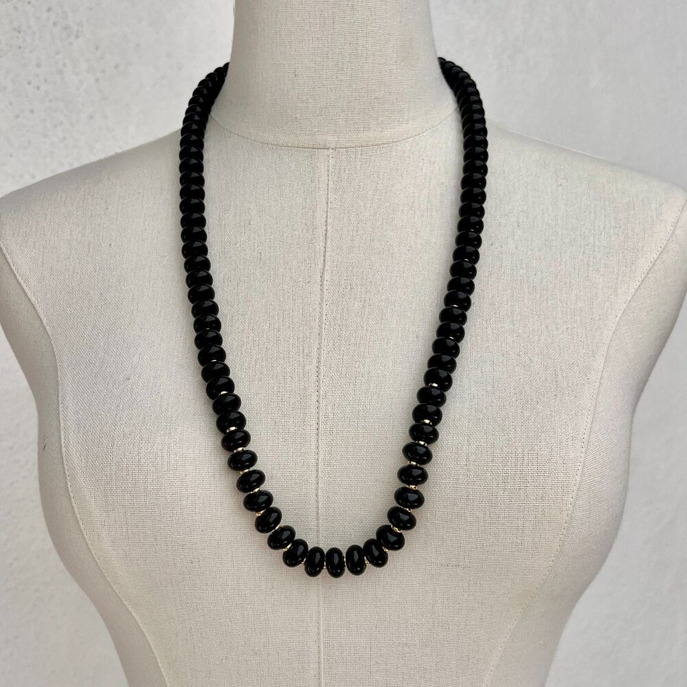 Vintage 80s Napier Black Glass Beaded Gold Spacer Opera Length Necklace SIGNED
